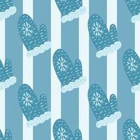 Winter doodle mittnes seamless simple pattern. Blue colored striped background. vector