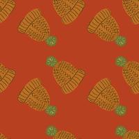 Creative winter seamless pattern with hygge knitted hat orange ornament. Pale red background. vector