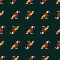 Exotic seamless pattern with brown colored ara parrot print. Black background. Dark zoo exotic backdrop. vector