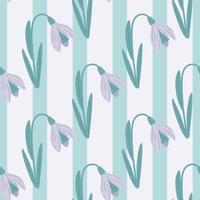 Pastel purple snowdrop silhouettes seamless pattern in hand drawn style. Blue striped background. vector