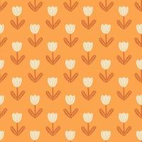 Doodle white tulip flowers shapes seamless pattern in hand drawn style. Orange bright background. Summer print. vector