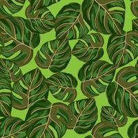 Tropical seamless pattern on bright green background. Abstract texture decoration with leaf monstera real color. vector