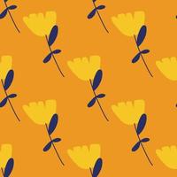 Vintage seamless pattern with yellow simple flowers ornament. Orange bright background. vector