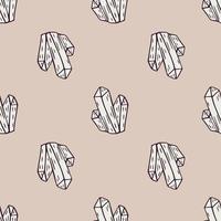 Seamless pattern with crystals simple outline silhouettes. Beige background. White minerals with black contour. vector