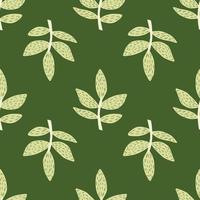 Doodle branches with leaves seamless pattern on green background. Decorative ornamental summer endless wallpaper. vector