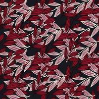 Dark seamless doodle naive pattern with outline leaves elements. Black background with red and pink botanic elements.. Stylized artwork. vector