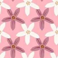 estampado de elementos de flores de mandarinas herbales de color púrpura y blanco. fondo rosa brillante. vector