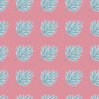 Seamless pattern with botanic decorative blue contoured leaf ornament. Pink pastel background. vector