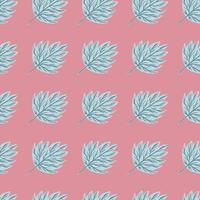 Seamless pattern with botanic decorative blue contoured leaf ornament. Pink pastel background. vector