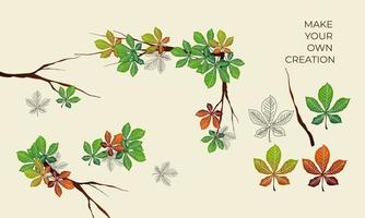 Floral frame with outline leaves illustration and creation set vector