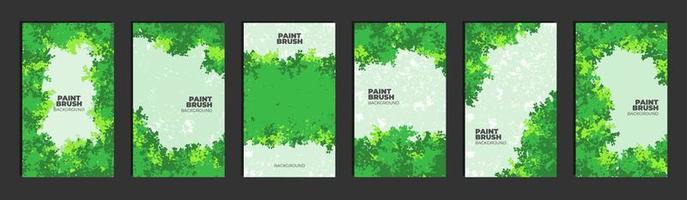 Set of six abstract green leaves paint brush background vector