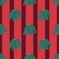 Hand drawn green cozy sweater seamless doodle pattern. Red striped background. vector