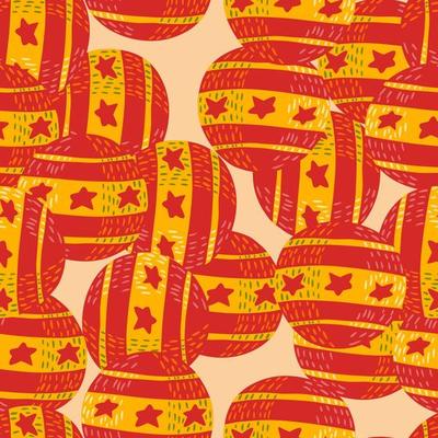 Abstract seamless pattern with bright red and yellow colored ornamental circus balls. Random print.