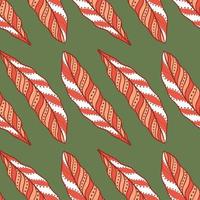Red ornamental feather elements seamless pattern in ethnic style. Green background. Natural simple ornament. vector