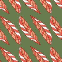 Red ornamental feather elements seamless pattern in ethnic style. Green background. Natural simple ornament. vector