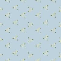Little green bluebell silhouettes seamless pattern in doodle style. Pastel blue background. Floral backdrop. vector