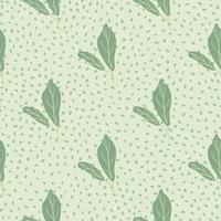 Pale seamless doodle pattern with leaves simple silhouettes. Green floral nature print on grey dotted background. vector