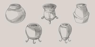 Set of calabash for yerba mate drink. Mate tea engraving vector