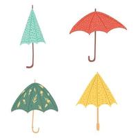 Set umbrellas different forms on white background. Abstract umbrellas red, blue, yellow and green color with flowers and polka dot in style doodle. vector