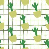 Geometric cactus in pot seamless pattern on stripes background. vector