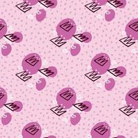 Black crowns ornament and heart silhouettes seamless pattern. Soft pink background with purple splashes and dots. vector