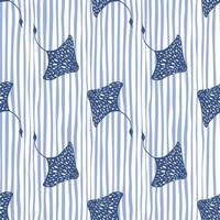 Underwater seamless pattern with navy blue stingray elements print. Blue and white striped background. vector