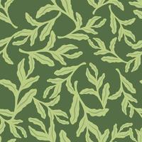 Random seamless pattern with light green leaf branches silhouettes. Green background. Foliage print, vector