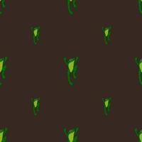 Minimalistic style seamless pattern with bright green frog shapes print. Brown background. Nature wildlife print. vector