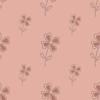 Bloom seamless nature pattern with outline four-leaf clover shapes. Pink pastel background. Floral shapes. vector