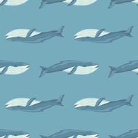 Seamless pattern Blue whale on light blue background. Template of cartoon character of ocean for fabric. vector