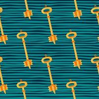 Gold keys ornament seamless doodle pattern. Turquoise background with strips. Decoration latchkey backdrop. vector