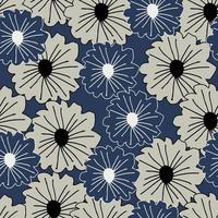 Random flower seamless pattern in grey and navy blue colors. Outline daisy simple backdrop. vector