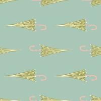 Decorative seamless simple pattern with hand drawn green umbrella elements. Blue background. vector