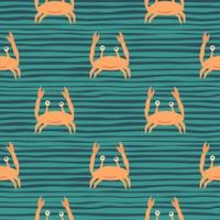 Hand drawn orange crabs characters seamless pattern. Doodle animals on striped turquoise background. vector