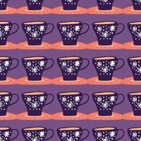 Bright serving seamless pattern with orange liquid and navy dark cup silhouettes with flower ornament. Purple background. vector