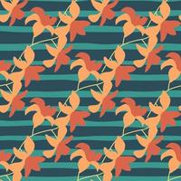 Exotic seamless pattern with doodle orange hawaii flowers random print. Turquoise striped background. vector