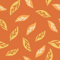 Abstract seamless pattern with doodle random leaves elements. Orange background. Hand drawn style. vector