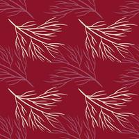 Abstract seamless pattern with botanic tree branches ornament. Maroon background. Hand drawn style. vector