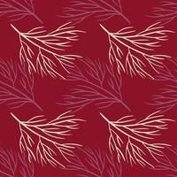 Abstract seamless pattern with botanic tree branches ornament. Maroon background. Hand drawn style. vector