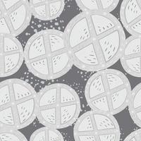 Seamless random pattern with light grey circle wood shields silhouettes. Dark grey background with splashes. Ancient print. vector