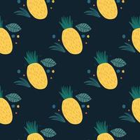 Pineapple seamless pattern on black background. Hand drawn pineapple vector