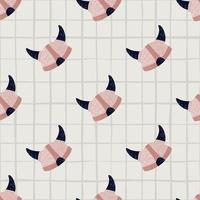 Norwegian seamless pattern with armor viking helmet silhouettes. Ancient elements in pink tones on grey chequered background. vector