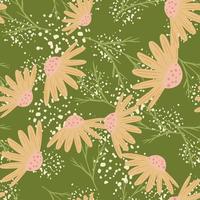 Nature seamless pattern with abstract random pink pale daisy flowers print. Green background with splashes. vector