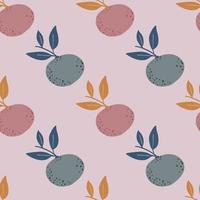Pale tones citrus seamless pattern with mandarin and leaves silhouettes. Lilac, purple and orange colored artwork. vector