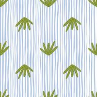 Vintage flora seamless pattern with doodle green leaves shapes print. White and blue striped background. vector