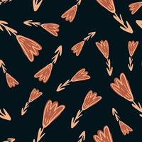 Seamless pattern with random flowers outline silhouettes. Orange print on black background. vector