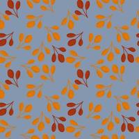 Autumn seamless doodle patern with orange and maroon colored fall branches. Random ornament on blue background. vector