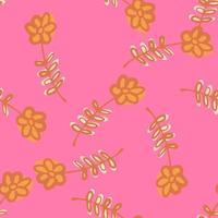 Doodle simple flower contoured nature seamless pattern. Orange floral print on pink background. vector