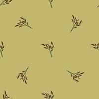 Seamless nature pattern with floral brown leaf branches shapes. Green olive pale background. Doodle print. vector