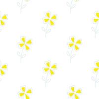 Minimalistic seamless floral pattern with yellow four-leaf clover elements. White isolated backdrop. vector